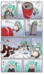 Rule 34 | &gt; &lt;, 1girl, blush, burp, can, chibi, cola, comic, covering own mouth, drink can, drinking, drinking straw, embarrassed, full stomach, green eyes, green hair, hair between eyes, hair ornament, hatsune miku, highres, long hair, necktie, non-web source, open mouth, puffy cheeks, sitting, skirt, smile, soda, soda can, source request, sweatdrop, translated, tsubasa (godbardtsubasa), twintails, vocaloid