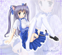 Rule 34 | 1girl, :p, absurdres, animal ears, apron, blouse, blue bow, blue bowtie, bow, bowtie, breasts, cat ears, cat tail, covered erect nipples, funyo, gingham apron, highres, kobeya uniform, large breasts, long hair, panties, plaid, plaid apron, purple eyes, purple hair, ribbon, shirt, shoes, single shoe, solo, striped clothes, striped panties, tail, thighhighs, tongue, tongue out, twintails, underwear, waitress, white shirt, zoom layer