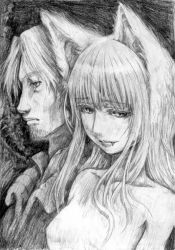 00s 1boy 1girl animal_ears clothed_male_nude_female craft_lawrence fang greyscale holo katzeh monochrome nude spice_and_wolf traditional_media wolf_ears