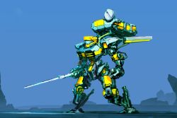 Rule 34 | clenched hand, highres, holding, holding sword, holding weapon, ksenolog, leaning forward, looking ahead, mecha, original, robot, science fiction, solo, standing, sword, visor, wasteland, weapon