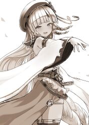 Rule 34 | 1girl, animal ears, armlet, bare shoulders, belt, beret, blunt bangs, blush, braid, breasts, detached sleeves, dress, erune, eyeliner, granblue fantasy, greyscale, hat, highres, long hair, looking at viewer, makeup, monochrome, nosuku, open mouth, outstretched arm, pholia, short eyebrows, showgirl skirt, side braids, small breasts, smile, solo, thighhighs, thighs, very long hair, wide sleeves