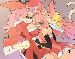 Rule 34 | 2girls, :q, animal ears, ass, bare shoulders, bell, belt, black gloves, black panties, blazblue, blazblue: central fiction, blush, breasts, brown eyes, cat ears, cat tail, collar, dated, dress, elbow gloves, fingerless gloves, glasses, gloves, hat, heart, hug, kenshin187, kokonoe (blazblue), konoe a. mercury, large breasts, long hair, looking at viewer, medium breasts, mother and daughter, multiple girls, panties, pantyshot, pink hair, santa costume, smile, standing, tail, tongue, tongue out, underwear, witch hat
