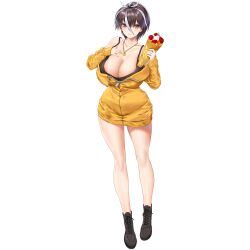 Rule 34 | 1girl, antenna hair, areola slip, bare legs, black bra, black footwear, bra, breasts, brown hair, cardigan, chain, chain necklace, cleavage, closed mouth, collarbone, cream, crepe, earrings, food, fruit, full-length zipper, full body, galatea (last origin), ginkgo leaf, gold chain, gold necklace, hair between eyes, hand on own chest, high tops, highres, holding, holding food, huge breasts, jewelry, kiwi (fruit), kuuro kuro, last origin, leaf, lips, looking at viewer, multicolored hair, necklace, off shoulder, official alternate costume, official art, orange (fruit), partially unzipped, shoes, short hair, simple background, smile, sneakers, solo, standing, strawberry, streaked hair, tachi-e, taut clothes, third-party source, transparent background, two-tone hair, underwear, white hair, yellow cardigan, yellow eyes, zipper, zipper pull tab