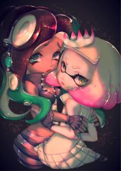 Rule 34 | + +, 2girls, absurdres, bad id, bad pixiv id, black gloves, blue eyes, breasts, brown hair, cleavage, colored skin, dark-skinned female, dark skin, dress, facing another, fingerless gloves, furrowed brow, gloves, gradient hair, green hair, green skin, headphones, highres, inkling, long hair, looking at viewer, marina (splatoon), medium breasts, mole, mole under mouth, multicolored hair, multicolored skin, multiple girls, navel piercing, nintendo, octoling, open mouth, pearl (splatoon), piercing, pink hair, short hair, signature, sleeveless, sleeveless dress, splatoon (series), splatoon 2, suction cups, susa natsuo, symbol-shaped pupils, tentacle hair, two-tone hair, two-tone skin, white dress, white hair, yellow eyes, zipper, zipper pull tab