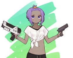 Rule 34 | &gt;:), 1girl, bangs pinned back, black pants, blush, closed mouth, collarbone, dark-skinned female, dark skin, drawstring, dual wielding, fate/prototype, fate/prototype: fragments of blue and silver, fate (series), forehead, gun, hair ornament, hair scrunchie, hassan of serenity (fate), holding, holding gun, holding weapon, i.u.y, navel, orange scrunchie, pants, purple eyes, purple hair, scrunchie, shirt, short sleeves, smile, solo, star (symbol), tied shirt, v-shaped eyebrows, weapon, weapon request, white shirt