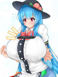 Rule 34 | 1girl, alternate breast size, bad id, bad pixiv id, blue hair, blush, bouncing breasts, bow, bowtie, breasts, cellphone, dress, flying sweatdrops, food, food on head, fruit, fruit on head, hat, hinanawi tenshi, huge breasts, hydrant (kasozama), inconvenient breasts, layered dress, long hair, object on breast, object on head, peach, phone, red eyes, smartphone, solo, sweat, tareme, tawawa challenge, touhou, very long hair, wavy mouth
