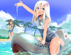 Rule 34 | 10s, 2girls, arm up, ball, barefoot, beach, beachball, blue eyes, brown eyes, brown hair, cloud, day, i-401 (kancolle), inflatable toy, kantai collection, long hair, multiple girls, ocean, old school swimsuit, one-piece swimsuit, open mouth, outdoors, palm tree, ponytail, ro-500 (kancolle), school swimsuit, school uniform, sekira ame, serafuku, shirt, sitting, sky, smile, splashing, swimsuit, swimsuit under clothes, tree, water, white hair