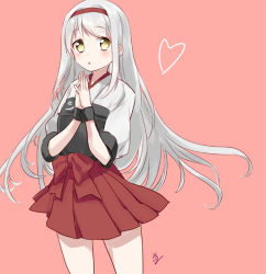 Rule 34 | 10s, 1girl, brown eyes, hairband, headband, heart, japanese clothes, kantai collection, long hair, looking at viewer, mirakururu, muneate, open mouth, own hands together, red background, red headband, red skirt, shoukaku (kancolle), skirt, solo, standing, white hair, wristband