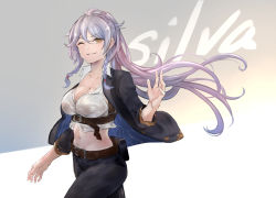 Rule 34 | 1girl, ;), belt, black jacket, black pants, braid, breasts, brown eyes, cleavage, cowboy shot, floating hair, gradient background, granblue fantasy, grey background, hair between eyes, highres, jacket, large breasts, long hair, midriff, navel, one eye closed, open clothes, open jacket, pants, parted lips, renzu (lens 02), shirt, silva (granblue fantasy), silver hair, simple background, smile, solo, standing, stomach, twin braids, very long hair, white background, white shirt