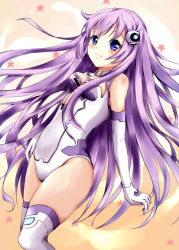 Rule 34 | 10s, 1girl, bad id, bad pixiv id, blue eyes, breasts, cleavage, elbow gloves, gloves, hair ornament, karumayu, long hair, looking at viewer, nepgear, neptune (series), open mouth, purple hair, purple sister, smile, solo, symbol-shaped pupils, thighhighs, very long hair