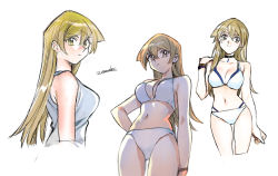 Rule 34 | 1girl, 203wolves, bikini, blonde hair, bracelet, breasts, brown eyes, closed mouth, gloves, hair between eyes, jewelry, large breasts, long hair, looking at viewer, navel, shirt, simple background, smile, solo, swimsuit, tenjouin asuka, yellow eyes, yu-gi-oh!, yu-gi-oh! gx
