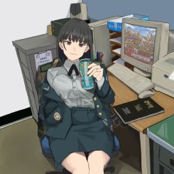 Rule 34 | 1girl, black eyes, black hair, blue jacket, blue skirt, book, cabinet, can, chair, computer, grey shirt, hand in pocket, heroes of might and magic, heroes of might and magic iii, highres, holding, holding can, jacket, keyboard (computer), looking at viewer, might and magic, monitor, monster energy, mouse (computer), office, office chair, original, paper, pencil, pencil skirt, police, police uniform, printer, product placement, shirt, short hair, sitting, skirt, solo, speaker, swivel chair, table, uniform, wani (perfect han)