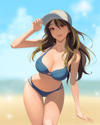 Rule 34 | 1girl, absurdres, bare arms, bare shoulders, baseball cap, beach, bikini, blonde hair, blue bikini, blue sky, blurry, blurry background, breasts, brown hair, character request, cleavage, collarbone, commission, day, depth of field, feet out of frame, final fantasy, final fantasy xiv, hand on headwear, hat, highres, hongcasso, large breasts, leaning forward, long hair, looking at viewer, multicolored hair, navel, outdoors, parted lips, pink lips, red eyes, sky, smile, solo, standing, streaked hair, sun, sunlight, swept bangs, swimsuit, thigh gap, warrior of light (ff14), white hat