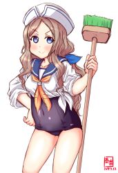 Rule 34 | 1girl, alternate costume, artist logo, asakaze (kancolle), blonde hair, blue eyes, blue one-piece swimsuit, blue ribbon, blue sailor collar, blush, bow, breasts, broom, collarbone, commentary request, cowboy shot, dated, feet out of frame, forehead, hair bow, hair ribbon, hand on own hip, hat, highres, kanon (kurogane knights), kantai collection, light brown hair, long hair, long sleeves, looking at viewer, neckerchief, old school swimsuit, one-piece swimsuit, parted bangs, ribbon, sailor collar, sailor hat, sailor shirt, school swimsuit, shirt, sidelocks, signature, simple background, small breasts, solo, standing, swimsuit, tied shirt, wavy hair, white background, white hat, white shirt, yellow neckerchief