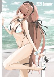 Rule 34 | 1girl, azur lane, bikini, black footwear, black headband, black ribbon, breasts, brown hair, cleavage, covered erect nipples, cross-laced bikini, cross-laced clothes, frilled hairband, frills, hair ornament, hair ribbon, hairband, headband, high heels, highres, holding, holding shoes, large breasts, long hair, multi-strapped bikini, official alternate costume, p.i.t.d, red eyes, ribbon, shoes, solo, swiftsure (azur lane), swiftsure (midsummer special service) (azur lane), swimsuit, thighs, two-tone bikini, very long hair, white bikini, wrist cuffs, x hair ornament