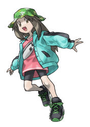Rule 34 | 1girl, :d, artist name, bike shorts, brown eyes, brown hair, buttons, coat, creatures (company), donnpati, from below, full body, game freak, green coat, green hat, hat, highres, knees, leaf (pokemon), leaf (sygna suit) (pokemon), long hair, long sleeves, looking at viewer, nintendo, official alternate costume, open clothes, open coat, open mouth, outstretched arms, pink shirt, pokemon, pokemon masters ex, shirt, shoes, simple background, smile, sneakers, solo, spread fingers, tongue, white background