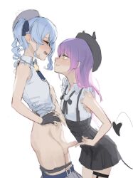 1futa 1girl absurdres ayeon bare_arms black_gloves black_hat blue_hair bottomless breasts demon_tail erection from_side futa_with_female futanari gloves green_eyes grin hat highres hololive hoshimachi_suisei long_hair looking_at_another partially_fingerless_gloves penis purple_hair shirt simple_background sleeveless sleeveless_shirt small_breasts small_penis smile tail testicles tokoyami_towa uncensored virtual_youtuber white_background white_shirt