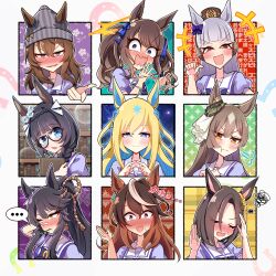 ... 6+girls a_passing_phantom absurdres ahoge air_groove_(umamusume) animal_ears annoyed beanie blonde_hair blue_eyes blush brown_hair closed_eyes closed_mouth embarrassed fidgeting gold_ship_(umamusume) grey_hair hat highres horse_ears horse_girl long_hair multicolored_hair multiple_girls nakayama_festa_(umamusume) narita_brian_(umamusume) neo_universe_(umamusume) pointing pointing_at_viewer portrait pout satono_diamond_(umamusume) school_uniform smile surprised symboli_rudolf_(umamusume) tosen_jordan_(umamusume) translation_request two-tone_hair umamusume