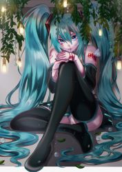 Rule 34 | 1girl, absurdly long hair, absurdres, aqua hair, aqua nails, arm tattoo, bad id, bad pixiv id, bandages, bandaid, bandaid on arm, black footwear, black skirt, black sleeves, blood, blood on arm, blood on face, blood on hands, blue eyes, boots, bug, butterfly, butterfly on arm, character name, commentary request, crying, crying with eyes open, detached sleeves, eyebrows hidden by hair, floor, full body, grey shirt, hair between eyes, hair ornament, hanging light, hatsune miku, highres, insect, knee up, leaf, long hair, looking at viewer, nail polish, nosebleed, number tattoo, panties, pantyshot, parted lips, pleated skirt, shirt, sidelocks, sitting, skirt, sleeveless, sleeveless shirt, sleeves past elbows, solo, tattoo, tears, thigh boots, tirudo29, twintails, underwear, very long hair, vocaloid, wall, white butterfly, white panties