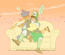 Rule 34 | 1boy, 1girl, alena (dq4), ass, bodysuit, cape, clift, commentary request, couch, curly hair, dragon quest, dragon quest iv, gloves, hat, long hair, pantyhose, skirt, smile