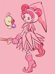 Rule 34 | 1girl, double bun, eighth note, from behind, full body, gloves, hair bun, harukaze doremi, hat, highres, holding, looking at viewer, looking back, musical note, ojamajo doremi, open mouth, pink background, pink footwear, pink gloves, red hair, simple background, smile, solo, uzuta