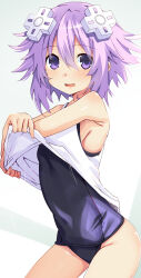 Rule 34 | 1girl, :o, absurdres, blush, breasts, d-pad, d-pad hair ornament, flat chest, hair ornament, highres, iwashi dorobou -r-, looking at viewer, neptune (neptunia), neptune (series), one-piece swimsuit, purple eyes, purple hair, school swimsuit, short hair, small breasts, smile, swimsuit