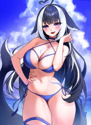 Rule 34 | 1girl, absurdres, ahoge, animal ears, bikini, black hair, blush, breasts, cetacean tail, cleavage, collar, fins, fish tail, heart, heart ahoge, highres, indie virtual youtuber, large breasts, long hair, looking at viewer, multicolored hair, navel, open mouth, orca girl, purple eyes, sbgu, shylily, shylily (bikini), solo, streaked hair, swimsuit, tail, tattoo, very long hair, virtual youtuber, white hair