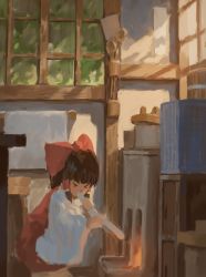 Rule 34 | &gt; &lt;, 1girl, arm up, bare shoulders, bow, brown hair, closed eyes, covered mouth, detached sleeves, dress, fire, fjsmu, floor, hair bow, hair ornament, hair tubes, hakurei reimu, hands up, highres, indoors, leaf, long sleeves, red bow, red dress, saucepan, shadow, short hair, sitting, solo, sunlight, touhou, towel, tree, wall, wide sleeves, window