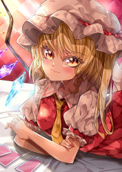 Rule 34 | 1girl, absurdres, blonde hair, breasts, checkered background, closed mouth, collared shirt, commentary request, crystal, flandre scarlet, frilled shirt collar, frilled sleeves, frills, glowing, glowing wings, hand on own arm, hat, hat ribbon, head tilt, highres, long hair, looking at viewer, lying, mahoro (minase mahoro), mob cap, nail polish, necktie, on stomach, orange eyes, pink nails, puffy short sleeves, puffy sleeves, red ribbon, red skirt, ribbon, shirt, short sleeves, side ponytail, skirt, skirt set, small breasts, smile, solo, touhou, vest, white hat, white legwear, white shirt, wings, yellow necktie, yellow vest