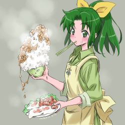 Rule 34 | 10s, 1girl, apron, artist name, blush, bowl, chopsticks, dated, egg, egg (food), food, food on face, green eyes, green hair, green shirt, holding, isedaichi ken, matching hair/eyes, midorikawa nao, mouth hold, nattou, plate, ponytail, precure, rice, sausage, shirt, sketch, sleeves rolled up, smile precure!, solo, sunny side up egg