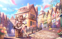 Rule 34 | 1girl, artist request, belt, beret, blunt bangs, blush, breasts, brown hair, building, cityscape, cloud, cloudy sky, day, dress, frilled socks, frills, hand in own hair, hat, high heels, house, idolmaster, idolmaster cinderella girls, idolmaster cinderella girls starlight stage, kamiya nao, lolita fashion, looking at viewer, official art, outdoors, petals, plaid, plaid dress, puffy short sleeves, puffy sleeves, red eyes, scenery, short sleeves, sitting, sky, smile, socks, solo, suitcase, thick eyebrows, two side up