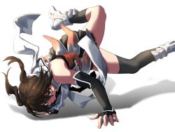 Rule 34 | 1girl, black gloves, black skirt, breakdance, brown eyes, brown hair, elbow gloves, gloves, hair ornament, highres, kantai collection, kunai, mouth hold, nmz (namazu), scarf, school uniform, sendai (kancolle), sendai kai ni (kancolle), serafuku, short hair, skirt, solo, two side up, weapon, white scarf