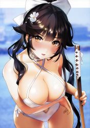 Rule 34 | 1girl, absurdres, azur lane, black hair, blurry, blurry background, blush, bow, breasts, brown eyes, brown hair, cleavage, cowboy shot, criss-cross halter, depth of field, flower, gluteal fold, hair bow, hair flaps, hair flower, hair ornament, halterneck, highres, holding, holding sword, holding weapon, huge filesize, katana, large breasts, leaning forward, long hair, one-piece swimsuit, ponytail, scan, solo, swimsuit, sword, takao (azur lane), takao (beach rhapsody) (azur lane), weapon, white bow, white flower, white one-piece swimsuit, yanyo (ogino atsuki)