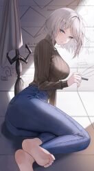 Rule 34 | 1girl, :/, absurdres, ass, barefoot, blue eyes, breasts, brown sweater, crayon, denim, eonyan (chaeyang), faust (project moon), feet, highres, holding, holding crayon, jeans, large breasts, limbus company, looking at viewer, pants, project moon, ribbed sweater, short hair, sitting, soles, solo, sweater, sweater tucked in, toes, turtleneck, turtleneck sweater, white hair, yokozuwari