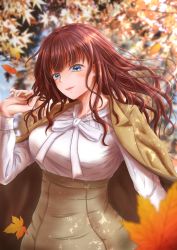 Rule 34 | 1girl, arm at side, assault lily, autumn leaves, blue eyes, blurry, blurry background, blurry foreground, bracelet, breasts, brown hair, brown jacket, brown skirt, closed mouth, commentary request, day, falling leaves, fingernails, grey nails, hand up, high-waist skirt, highres, jacket, jacket on shoulders, jewelry, kaede johan nouvel, leaf, light blush, lips, long fingernails, long hair, long sleeves, looking at viewer, maple leaf, medium breasts, nail polish, neck ribbon, official alternate costume, outdoors, ribbon, ring, shirt, sidelocks, skirt, smile, solo, standing, sunlight, upper body, wavy hair, white ribbon, white shirt, yajiuma no jesse