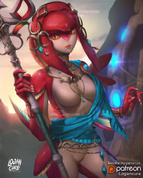 Rule 34 | 1girl, artist name, backlighting, breasts, closed mouth, colored skin, cowboy shot, crescent, fingernails, fins, fish girl, gills, glowing, hair ornament, headpiece, highres, holding, holding polearm, holding spear, holding weapon, jewelry, lips, logan cure, long hair, looking at viewer, medium breasts, mipha, monster girl, multicolored skin, neck ring, necklace, nintendo, no eyebrows, one breast out, outdoors, patreon logo, polearm, red hair, red skin, sash, sky, solo, spear, standing, sunlight, the legend of zelda, the legend of zelda: breath of the wild, water, watermark, weapon, web address, yellow eyes, zora