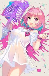 Rule 34 | 1girl, ahoge, ashita (2010), blue hair, blush, breasts, collar, fang, hair intakes, heart, heart on chest, idolmaster, idolmaster cinderella girls, large breasts, looking at viewer, multicolored hair, off shoulder, open mouth, paint splatter, pink eyes, pink hair, ribs, shirt, short hair, short sleeves, skeleton, solo, sparkle, spine, t-shirt, thighs, two-tone hair, yumemi riamu