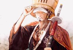 Rule 34 | 1boy, black hair, black kimono, closed mouth, commentary request, earrings, facial hair, goatee, haori, hat, helmet, holding, holding sword, holding weapon, japanese clothes, jewelry, kimono, looking at viewer, male focus, one piece, rai 00 k2, short hair, sideburns, signature, solo, sword, trafalgar law, upper body, weapon, yellow eyes