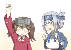 Rule 34 | 10s, 2girls, ainu clothes, arm up, blue eyes, blush, breasts, brown hair, commentary, closed eyes, flat chest, grey hair, kamoi (kancolle), kantai collection, large breasts, misumi (niku-kyu), multiple girls, ryuujou (kancolle), smile, twintails, twitter username