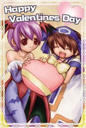 2girls ainu_clothes bat_wings brown_hair capcom capcom_vs_snk closed_eyes crossover darkstalkers english_text hair_ribbon happy heart highres legs leotard lilith_(darkstalkers) multiple_girls open_mouth pantyhose purple_hair red_eyes ribbon samurai_spirits short_hair smile snk thighs tongue valentine wings