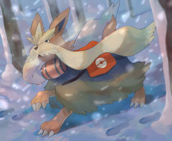 Rule 34 | claws, commentary request, creatures (company), dog, footprints, game freak, gen 5 pokemon, grey eyes, highres, kikuyoshi (tracco), looking to the side, nintendo, no humans, outdoors, pokemon, pokemon (creature), snow, snowing, solo, stoutland, tree