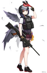 Rule 34 | 1girl, absurdres, arm up, black feathers, black footwear, black hair, black headwear, black wings, blue hair, brown gloves, commentary request, feathered wings, feathers, genshin impact, gloves, gun, h&amp;k psg1, helmet, highres, holding, holding gun, holding weapon, kujou sara, looking at viewer, mask, ndtwofives, purple shirt, purple shorts, rifle, shirt, shoes, short shorts, short sleeves, shorts, simple background, sniper rifle, socks, solo, visor, weapon, white background, white socks, wings, yellow eyes