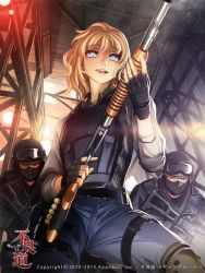 Rule 34 | 1girl, 2boys, :p, blonde hair, blue eyes, bodysuit, bulletproof vest, close-up, company name, copyright name, dated, elbow pads, finger on trigger, fingerless gloves, furyou michi ~gang road~, gloves, goggles, goggles on head, gun, helmet, holding, holding gun, holding weapon, indoors, knee pads, kriss sison, light, machine gun, mask, multiple boys, pants, police, police uniform, policewoman, pump action, sandra vitchi, short hair, shotgun, smile, solo focus, standing, swat, tongue, tongue out, uniform, weapon