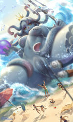 Rule 34 | 2boys, 5girls, absurdres, beach, bikini, blue skin, breasts, colored skin, crown, giant, giantess, gorgeous mushroom, highres, large breasts, monster girl, multiple boys, multiple girls, one-piece swimsuit, original, polearm, swimsuit, tentacle hair, trident, water, weapon, yellow eyes