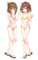 Rule 34 | 2girls, absurdres, bare arms, bare legs, bare shoulders, bikini, blush, breasts, brown eyes, brown hair, collarbone, commentary request, flat chest, folded ponytail, frilled bikini, frills, front-tie bikini top, front-tie top, full body, hair between eyes, hair ornament, hairclip, halterneck, highres, holding hands, ikazuchi (kancolle), inazuma (kancolle), jewelry, kantai collection, long hair, looking at viewer, multiple girls, navel, open mouth, pink bikini, sandals, scrunchie, short hair, side-tie bikini bottom, simple background, small breasts, smile, standing, string bikini, swimsuit, white background, wrist scrunchie, xue lu, yellow bikini