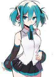Rule 34 | 1girl, alternate hair length, alternate hairstyle, aqua eyes, aqua hair, aqua necktie, bare shoulders, black skirt, blouse, cowboy shot, detached sleeves, hair ornament, hand on own stomach, hatsune miku, highres, looking to the side, miniskirt, mouth hold, necktie, necktie in mouth, pleated skirt, shirt, short hair, short twintails, simple background, sketch, skirt, solo, standing, twintails, tyazakura sayu, vocaloid, white background, white shirt