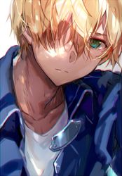 Rule 34 | 1boy, blonde hair, closed mouth, collarbone, eugeo, frown, green eyes, hair over one eye, looking at viewer, male focus, ogura ari, shirt, short hair, solo, sword art online, upper body, white shirt