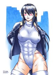 Rule 34 | 10s, 1girl, abs, black eyes, black gloves, black hair, blush, breasts, contrapposto, cosplay, cosplay request, covered erect nipples, cowboy shot, emperor penguin (kemono friends), emperor penguin (kemono friends) (cosplay), gloves, headphones, highleg, highleg leotard, highres, hood, hoodie, kemono friends, leotard, leotard under clothes, lips, m.u.g.e.n, medium breasts, open clothes, open hoodie, original, scar, sendai hakurei no miko, solo, standing, taikyokuturugi, thighhighs, touhou, undressing, white leotard, white thighhighs