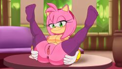 Rule 34 | absurdres, amy rose, anus, ass, bottomless, breasts, excito, female focus, highres, large breasts, legs up, looking at viewer, pussy, smile, sonic (series), sonic boom (series), thighhighs