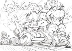 Rule 34 | armlet, bowser, bracelet, commentary request, crown, dress, driving, elbow gloves, flat cap, gloves, go-kart, graphite (medium), greyscale, hair between eyes, hat, highres, horns, jewelry, long hair, mario, mario (series), mario kart, mario kart 8, monochrome, murata yuusuke, nintendo, open mouth, pinky out, ponytail, princess peach, puffy short sleeves, puffy sleeves, sharp teeth, short sleeves, simple background, sketch, smile, sound effects, speed lines, spiked armlet, spiked bracelet, spiked shell, spikes, sweat, teeth, traditional media, v-shaped eyebrows, white background